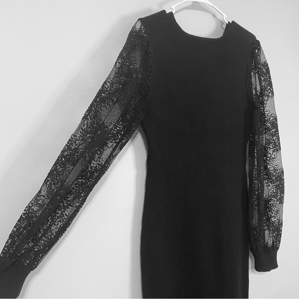 Chic Black Dress with Lace Sleeves - Picture 2 of 8